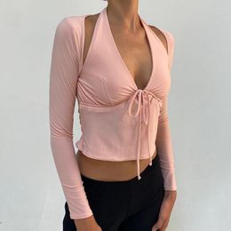 Women's T Shirts 2 Piece Set Front Tie Up V Neck Halter Tops Shrug T-shirt Fairy Y2K Aesthetic Backless Crop Vintage