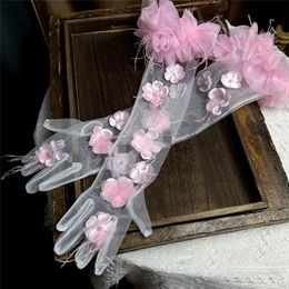 Five Fingers Glove's Elegant Flower Feather Long Mesh Glove Female Spring Summer Vintage Sunscreen Driving Pograph Party R2117 231010