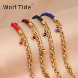 Wolf Tide New Double Layered Bracelets Woven Braided Rope Gold Plated Stainless Steel Diamond Pendant Multi-Layered Bracelet For Women Y2k Aesthetic Jewelry Bijoux