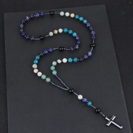 Pendant Necklaces Blue Lapis Lazuli Apatite Beads Natural Stone Rosary Hematite Cross Christ Prayer Chaplet Baptism Gift Jewellery