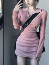Casual Dresses Pink Knitted Korean Fashion Mini Dress Women French Vintage V-Neck Elegant Female Sexy Party Slim Long Sleeve