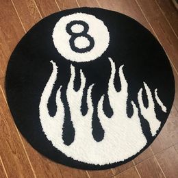 Carpets White Flame Billiard Black No. 8 Round Flocking Trend Rug Tufted Soft Plush Living Room Bedroom Spooky Halloween Home Decor 231010