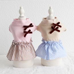 Dog Apparel 2023 Clothes For Spring And Summer Est Small Bow Decor Dogs Skirts Embossed Plaid Blocks Dress Elegant Pet