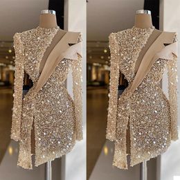 Champagne Evening Dresses Luxury Sequins Beads High Neck Long Sleeves Prom Dress Formal Party Gowns Custom Made Knee Length Robe de mariee 274c