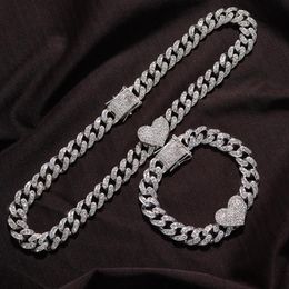 Chains 2Pc Set Rapper Full Heavy Heart-shaped Cuban Link Bracelet Iced Women For Men Necklcae Chain Prong Pave Luxury Hiphop Jewel210V