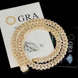 Moq=1Hip Hop Jewellery 12Mm Baguette Diamond Necklace Gold Plated VVS Moissanite Bracelet Sier Iced Out Cuban Link Chain