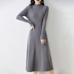 Casual Dresses 2023 Fall Winter Pure Wool Dress Women's Long Sleeve Half High Neck Slim Solid Colour Temperament Comfortable Knitted