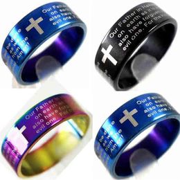 Bulk Lots 100pcs English Lord's Prayer Cross Stainless Steel Rings 3 Colors Mix Whole Mens Fashion Jewelry268N