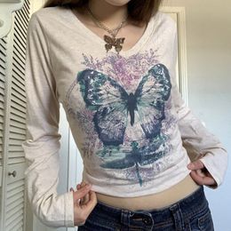 Y2K European and American Gothic Casual Long Sleeve Top Butterfly Dragonfly Print T-shirt Retro Small Street Wear ins Harajuku Style Pullover
