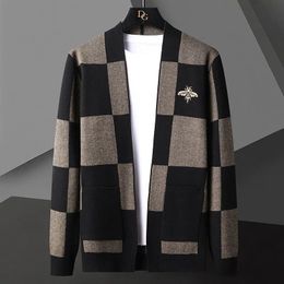 Men's Sweaters Korean Style Autumn Knitted Cardigan Sweater Trend Brand Fashion Plaid Coat Men Leisure Khaki Blue Mens 231010