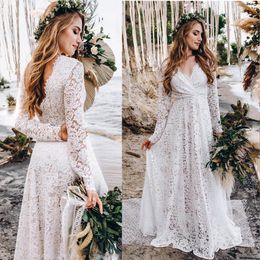 Romantic Full Lace Wedding Dresses Long Sleeve V Neck Beach Bridal Gowns Bohemia Country Bride Dress Vestidos De Noiva