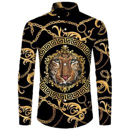 Men's Casual Shirts Golden Lion Pattern 3D Print Men Long Sleeve Turn-down Collar Button Tops Fashion Baroque Style Streetwea186i