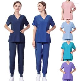 Womens Two Piece Pants Scrubs Set for Women Nurse Uniform Suit Short Sleeve Top Pant with Pocket Workwears