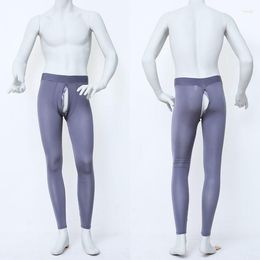 Men's Thermal Underwear Invisible Zipper Open Crotch Ultra-thin Leggings Mens See Through Sexy Ice Silk Transparent Tight Pants