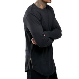 Trends Men T shirts Super Longline Long Sleeve TShirt Hip Hop Arc With Curve Hem Side Zip Tops tee185R