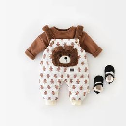 Rompers Autumn Winter Kid Plus Velvet Thicken Overalls Boy Girl Children Cartoon Bear Suspenders Jumpsuit Baby Fashion Allmatch Pants 231010