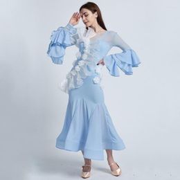 Stage Wear 2023 Ballroom Dance Dress Women Flower Sky Blue Long Sleeves Waltz Performance Costume Competition BL11288