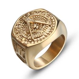 Etherial Handmade Men Masonic Rings Stainless Steel Gold Ring Color Rings For Mens New Classic Hip Hop masons260L