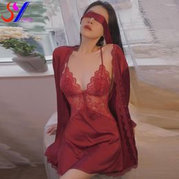 Women's Sleepwear Woman Pyjamas 2 Pieces Sexy Sling Lingerie Robe Babydoll Attractive Lace Mesh Dress Home Wear