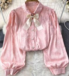 Women's Blouses Light Luxury Bubble Long Sleeved Beaded Bow Tie Lapel Loose Blouse Shirt Single Breasted Satin Top Pink White