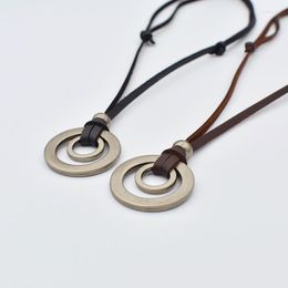Pendant Necklaces Vintage Men Women Double Circle Adjustable Black Brown Leather Cord Necklace Jewelry Christmas Gift
