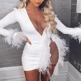 Casual Dresses Mesh Inserted Embellished Party Dress Sexy Women See Through Nightclub White Feather Mini11218h
