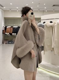 Womens Fur Faux Women Plus Size poncho design Real Hooded coats DoubleSided real Wool Oversize fur Overcoat 231010