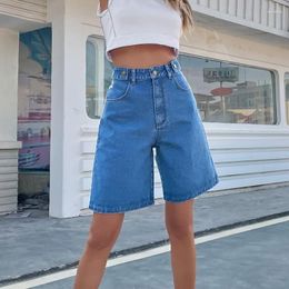 Women's Shorts Loose Mid Waist Denim Summer Casual Solid A Line Jean Vintage Street Wild Straight Five Point Pants