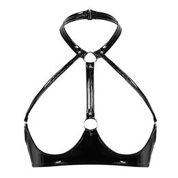 Bras Women Sexy Erotic Open Cup Bra Top Wet Look Patent Leather Halter Neck Hollow Out Breast Female Gothic Harness Bondage Linger245i