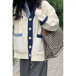 Women's Knits Fashion Patchwork Preppy Style Knitted Jacket 2023 V-Neck Loose Casual Sweater Pocket Button Cardigan Outerwear