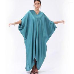 Casual Dresses Silk Satin Muslim Dress Summer Leisure Vacation Middle East Robe Women's V-neck Large Size Loose