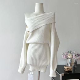 Casual Dresses Elegant Sweater Korean Off Shoulder Knitted Vintage Autumn Sexy Dress High Waist Mini Bodycon Chic Women Clothing