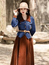 Work Dresses Vintage Fashion Two Piece Skirt Set Women Spring Autumn Long Sleeve Denim Jacket And Velvet Skirts Korean Outfits