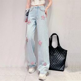 Women's Jeans Female Summer Korean Sweet Heavy Industry Rhinestone Five-Pointed Star Fashion High Waist Slim Wide Leg Trousers