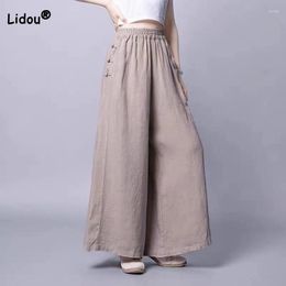 Women's Pants Literature Art Vintage Cotton Linen Solid Thin Wide Leg Spring Summer Dropping High Waist Loose Nine Points Trousers
