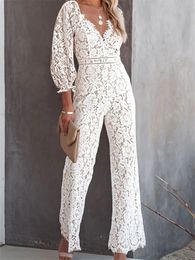 Women's Jumpsuits Rompers CHRONSTYLE Elegant Women Lace Wide Leg Pants Jumpsuits Solid Color Long Sleeve High Waist V Neck Floral Rompers Streetwear 231010