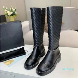 Designer -women chain high boots diamond round toe black low and over the knee leather shoes ladies zipper martin boot Ankle