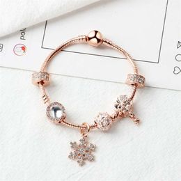 New Rose gold loose beads snowflake pendant bangle charm bead bracelet for girl DIY Jewellery as Christmas gift184t