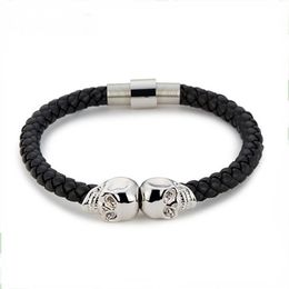 New Fashion Mens Punk Bracelet Multicolor Skull Charm Bracelet Black Leather Handcuff Chain for Men Boys2434