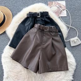 Women's Shorts Korean Chic Fashion Versatile Leather Autumn High Waist Slim A-line Wide Leg Pants Explosive Street PU