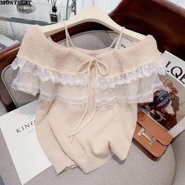 Women's Sweaters Off-shoulder Lace Ruffles Knitted Sweater Tops Women 2023 Summer Stylish Sexy Elegant Fashion Chic Ladies Pullover Knitwear