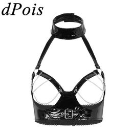 Sexy Crop Tops for Women Erotic Lingerie Wetlook Black PU Leather Latex Bra Hollow Out Bust & Metal Chain Tassel Dance Bras Top301H