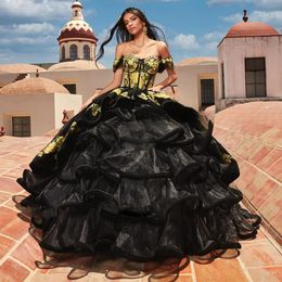 Black Ruffles Tiered Charro Quinceanera Off The Shoulder Mexican Sweet 16 Dresses 15 Anos With Detachable Train 326 326