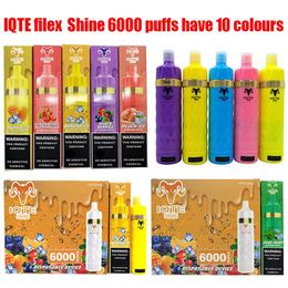 E papierosy 2023 Oryginalne 100% IQTE Filex Shine 6000 Puffs 650 ml 15 ml wstępnie wypełnione urządzenie Vape Autoryzowane 10 korlorów