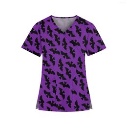 Women's T Shirts 2023 Women Working Uniform Halloween Printed Tops V-Neck Short Sleeve T-Shirts Workwear Tee With Pockets