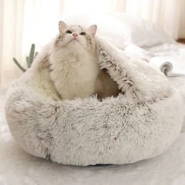 Cat Beds Furniture Plush Pet Dog Cat Bed House Warm Round Cat Kitten Bed Semi-Enclosed Winter Cat Nest Kennel Cats Sofa Mat Basket Sleeping Bag 231011