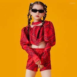 Stage Wear Girls Jazz Dance Performance Costume Red Bubble Sleeved Kpop Outfit Chinese Style Clothing Hip Hop Kids Clothes DNV17087