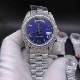 Full diamonds men watch 904 stainless steel silver case 41mm blue face Iced out diamond fashion watches