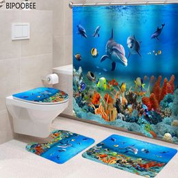 Shower Curtains 3D Ocean Seabed Animals Toilet Cover Bath Mat Sets Fish Dolphin Print Bathroom Curtain Set Waterproof Fabric Shower Curtains 231007