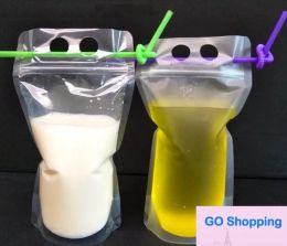 Simple Clear Drink Pouches Bags Water bottles frosted Zipper Stand-up Plastic Drinking Bag with straw with holder Reclosable Heat-Proof 500ml